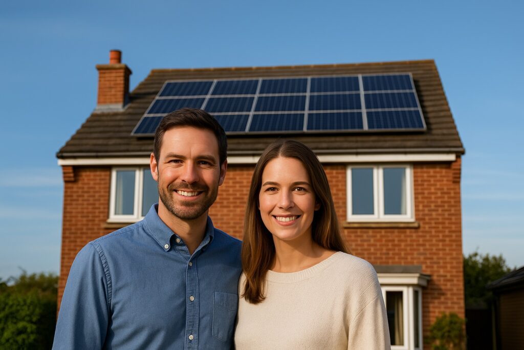 Couple in front of their home with solar panels on the roof