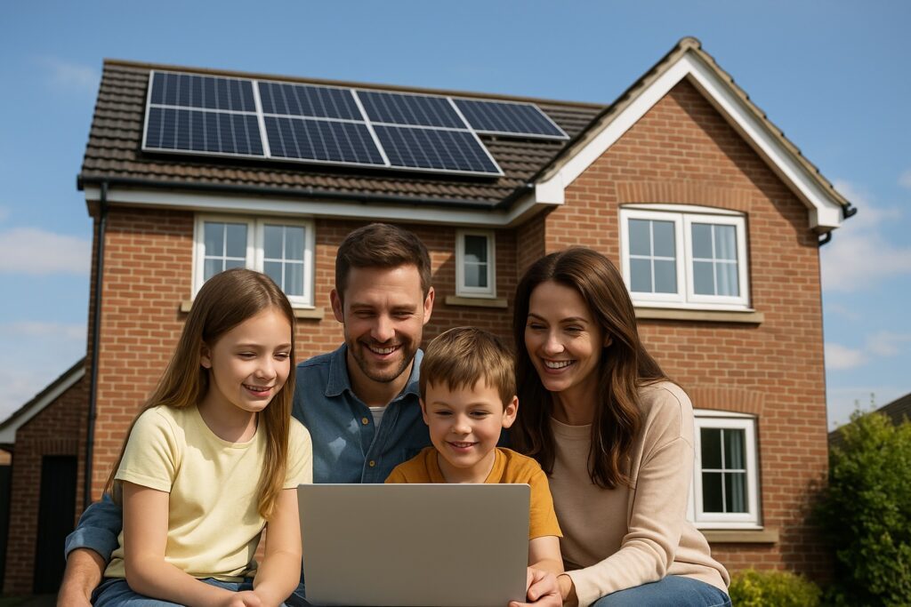 Family in front of their home with solar panels on the roof