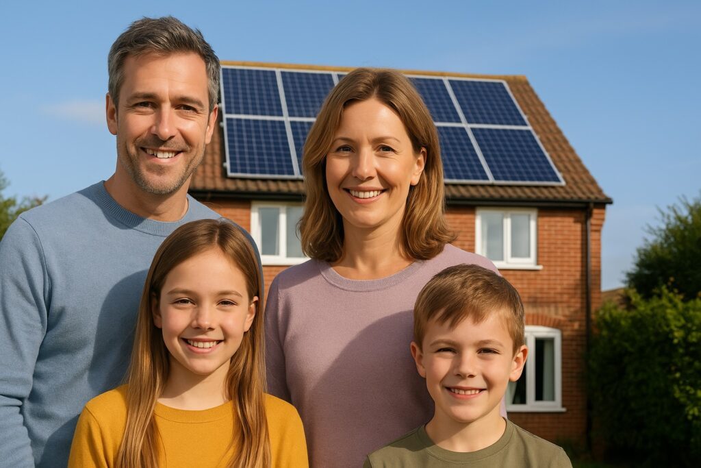 Family in front of their house with solar panels on the roof