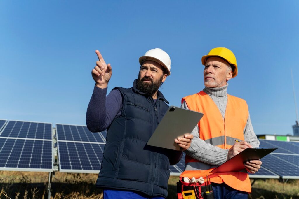 person-near-alternative-energy-plant_23-2149192717 man pointing while standing beside solar panels